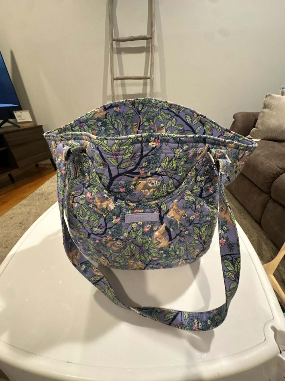 Vera Bradley Hanging Around Quilted Tote Bag in Purple Sloth Print